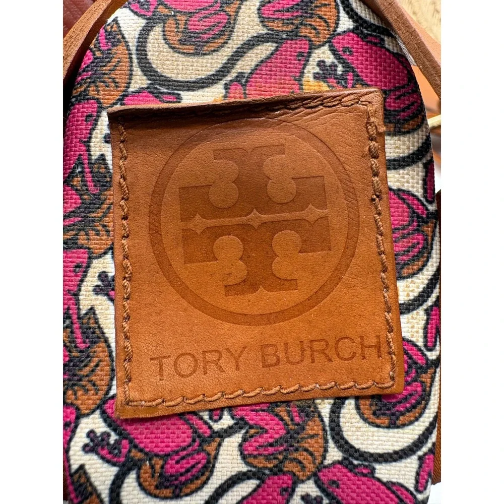 Tory Burch Espadrille Wedge Sandals Womens 8B Pink Tan Good Leather Canvas Spain